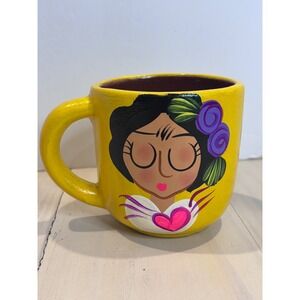 Frida Kahlo Viva La Vida Hand Painted Ceramic Coffee Mug Yellow Folk Art 4.5in